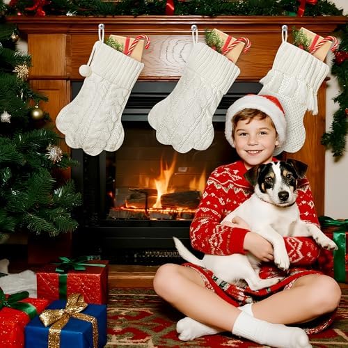 WATINC Pet Paw Christmas Stockings - 3 Pack Large Paw Shape Stocking with Tassel, Pet Dog Cat Knit White Christmas Hanging Socks for Xmas Eve Party Holiday Fireplace Tree Gift Decoration - Image 5