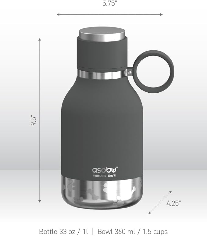 Asobu Dog Bowl Attached to Stainless Steel Insulated Travel Bottle for Human 37oz/1.1 Liter with Detachable Dog Bowl (Smoke)