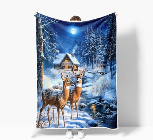 Christmas Throw Blanket, Winter Deer Snow Forest Holiday Theme Blanket for Couch and Bed, Warm Cozy Winter Cabin Throw, Super Soft, 50x60 Inch, Blue - Image 5