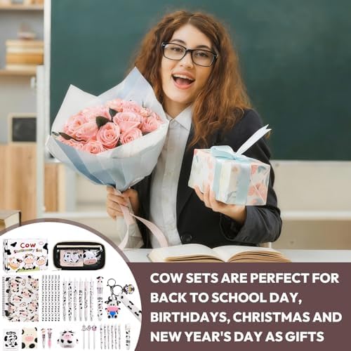 36Pcs Cute Cow Stationery Set Birthday Gifts for Boys Girls Back to School and Classroom Rewards Office Supplies with Cow Muticolor Pen, Pencils, Erasers, Sticky Notes etc. - Image 7
