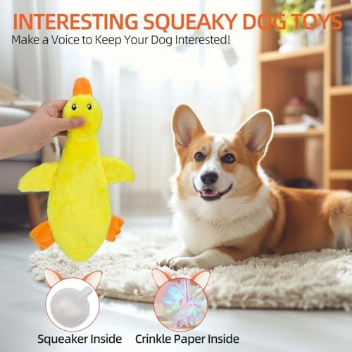 PAWCHIE Squeaky Dog Toys for Small Medium Large Dogs, No Stuffing Crinkle Puppy Toy,Soft Pet Plush Teething Toys 2 Pcs Mess-Free Interactive Chew Toy for Boredom Best Birthday Gift, Yellow & Wild Duck - Image 2
