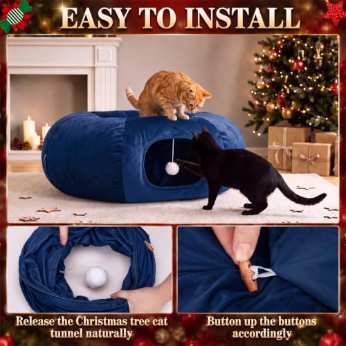 Christmas Tree Cat Tunnel 36 in Donut Bed, Navy Blue, Velvet, Fluffy - Image 5