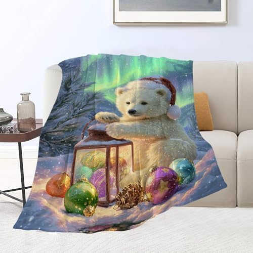 Christmas Polar Bear Blanket Winter Aurora Night Animal Throw Blankets Gifts for Girls Boys Kids White Bear Lover Soft Cozy Fleece Plush for Couch Sofa Bed 80"x60" - Image 2