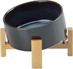 SPUNKYJUNKY 15° Slanted Ceramic Dog and Cat Bowl with Wooden Stand, Tilted Bulldog Food and Water Bowl No Slip Non-Spill for Cats Medium Dogs Big Face Pets 28.7 OZ (3.6 Cups, Starry Blue)