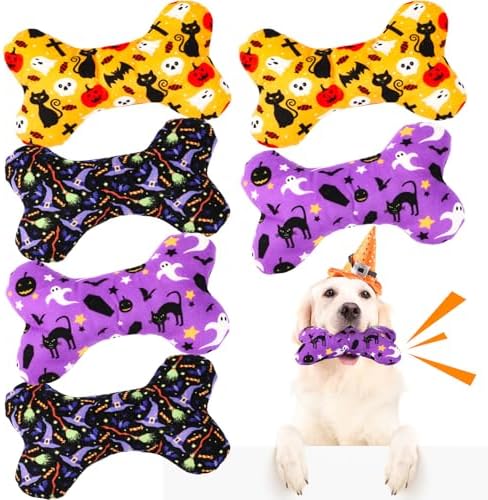6 Pack Halloween Dog Squeaky Bone Toys Halloween Plush Interactive Dog Pets Birthday Bone Shape Stuffed Chew Toys for Puppy Small Medium Large Squeak Toss Play by Vertintong