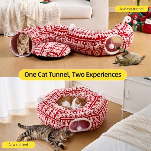 Christmas Tree Cat Tunnel Bed-Christmas Cat Donut Tunnel with Tree Skirt, Multifunctional Round Pet Cave Toy Suitable for Kittens/Puppies/Rabbits/Ferret(Comfortable Cotton) - Image 5