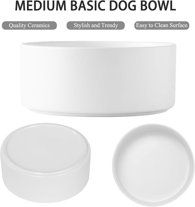 6'' Ceramic Dog Bowl - 30Oz Classic Dogs Food & Water Bowl for Small and Medium Breed Dogs, Heavy Duty Non-Slip Dog Dishes, Food Grade Stoneware Pet Bowl, Dishwasher & Microwave Safe, White