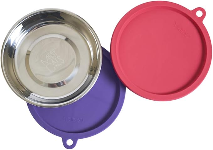 Messy Cats 4 Piece Set, 2 Stainless Bowls and 2 Lids, 1.75 Cup | Cat Feeding Set With Two Stainless Saucer Bowls And Two Airtight Silicone Lids For Meal Prep And Storage