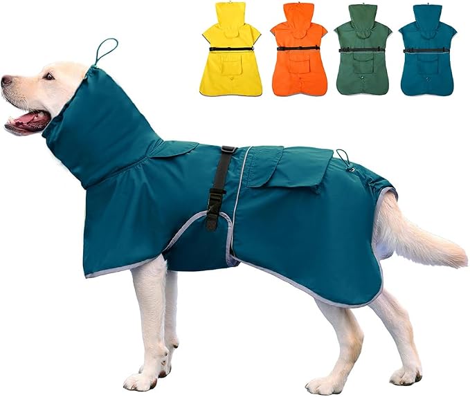 Reflective Dog Raincoat Waterproof Adjustable Hooded Poncho for Medium Large Dogs, Lightweight Pet Rain Jacket, Blue, XL