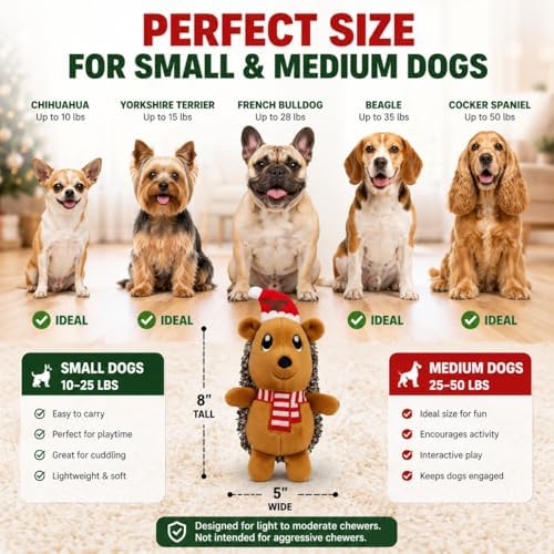 Christmas Hedgehog Squeaky Dog Toy for Small & Medium Dogs, Soft Plush Stuffed Puppy Toy with Built-In Squeaker, Interactive Indoor Play Toy for Gentle Chewers, Machine Washable Holiday Dog Gift - Image 4