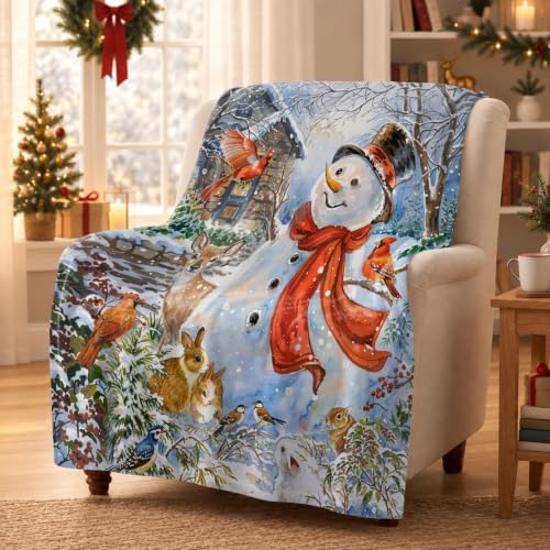 Neasow Christmas Throw Blanket, Snowman and Redbirds Cabin Animals Design Soft Fuzzy Cozy Flannel Blanket Gift for Family and Friends Home Sofa Couch Chair Decorative 50x60 Inch - Image 6