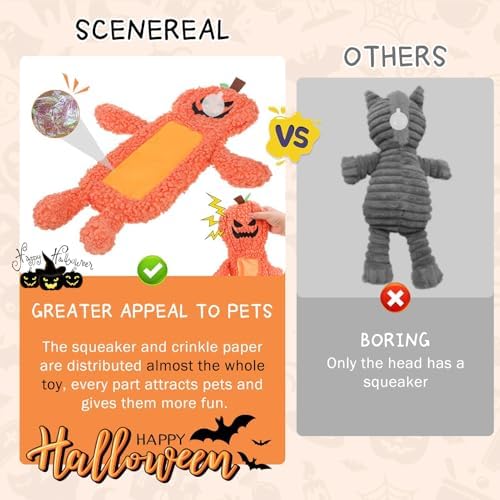 SCENEREAL Stuffless Halloween Dog Squeaky Toys for Small Medium Dogs, Crinkle Puppy Chew Toy, 3 Pack Cute Animals Shape Soft Pet Plush Teething Toys(Skeleton & Pumpkin & Bat) - Image 6