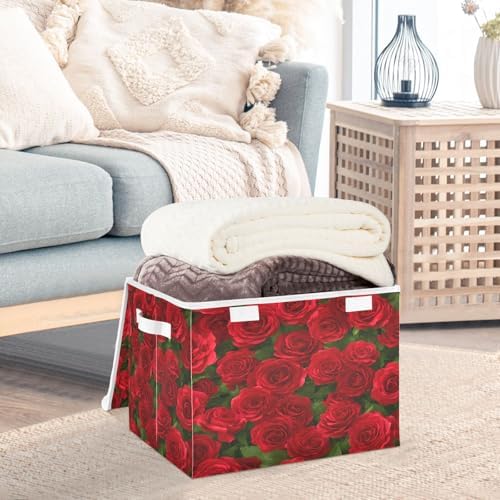 Bolaz Red Rose Leaves Pattern Storage Bins with Lids and Handles, Foldable Storage Box Storage Basket with Cover Collapsible Organizer Containers for Home Closet, Shelves - Image 5