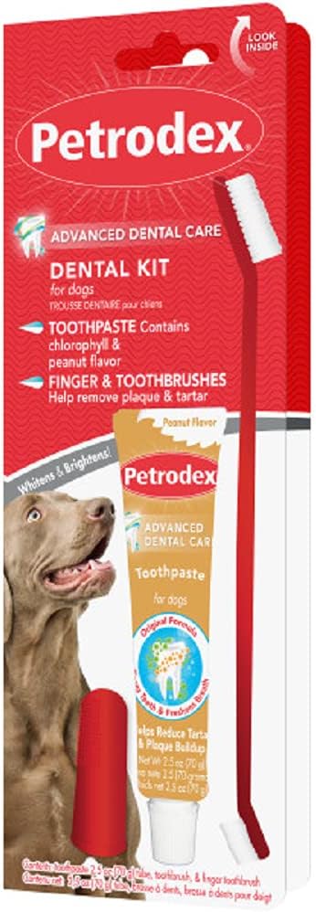 Petrodex Dog Dental Care Kit, Toothbrush & Toothpaste, Peanut, 2.5oz | Complete oral care kit: toothpaste + toothbrush; reduces plaque & tartar; fights bad breath; peanut flavor, dogs & puppies