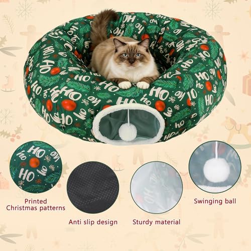 Cat Tunnel Christmas Tree Skirt, Foldable Donut Tunnel Bed Green - Image 3