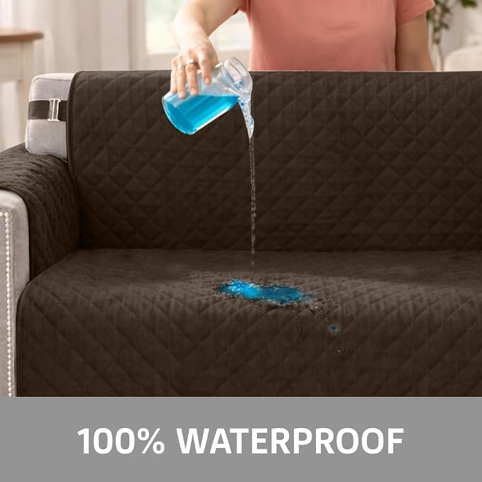 Sofa Shield 100% Waterproof Couch Cover with Patented Straps, Slip & Stain Resistant Furniture Protector, Machine Washable Sofa Slipcover for Dogs Cats Pets Kids, 23 inch Seat, Armchair, Brown