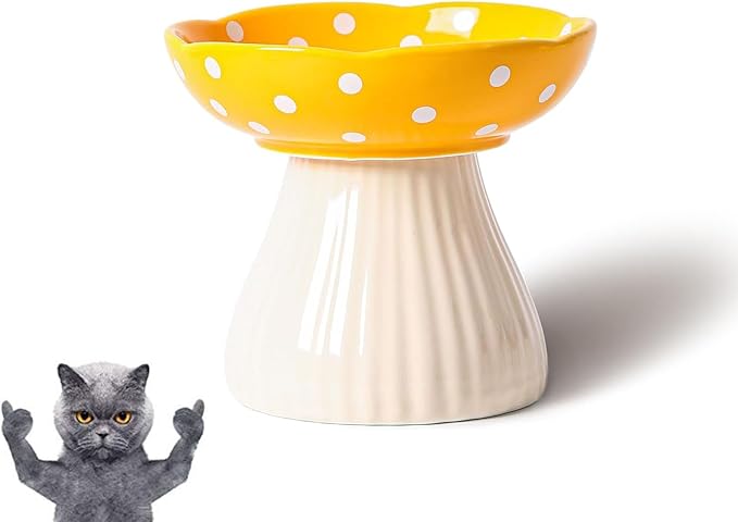 Mushroom Cat Bowl-Whisker Fatigue Cat Bowl,Cute Cat Bowls,Elevated Cat Food Bowl, Lead & Cadmium Free Ceramic Cat Bowls for Food and Water.(Yellow)