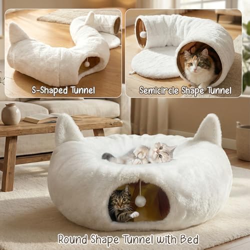 White Plush Cat Tunnel Christmas Tree Skirt, 2-in-1 Cat Donut Tunnel Bed - Image 4