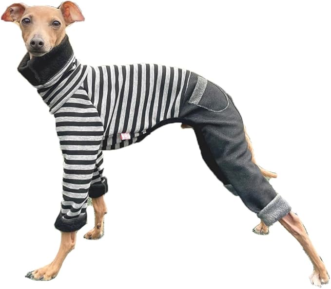 D Doggy Star Italian Greyhound Clothes Stripe Fleece Stretchable Denim Onesie Whippet for Dog Turtleneck Outfits Coat (2XL,Denim Black)