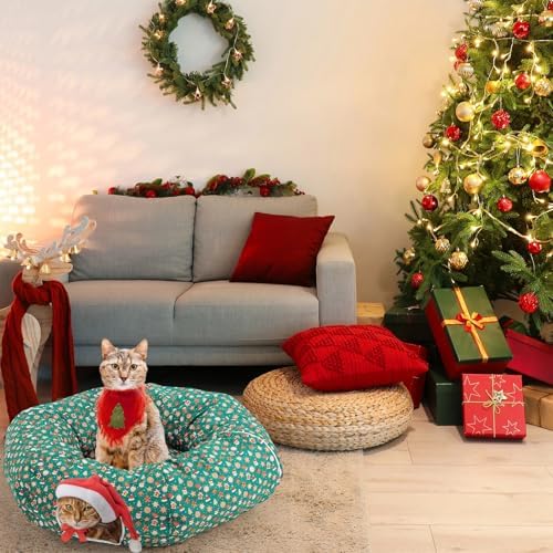 Cat Tunnel Christmas Tree Skirt Cat Bed Indoor 3 ft x 3 ft x 10 Inch Kitten Donut Tunnel with Ball Peekaboo Cave Pet Bed Round Hideaway Holiday Cave Circle Pets Gift(Santa Hat) - Image 6