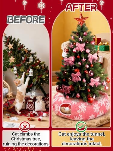 Cat Tunnel Christmas Tree Skirt for 5-7.5ft Trees - Prevent Christmas Tree Falling, Snowflake Patterns Warm Soft Cat Tube Bed with Anti-Slip Mat - Image 3