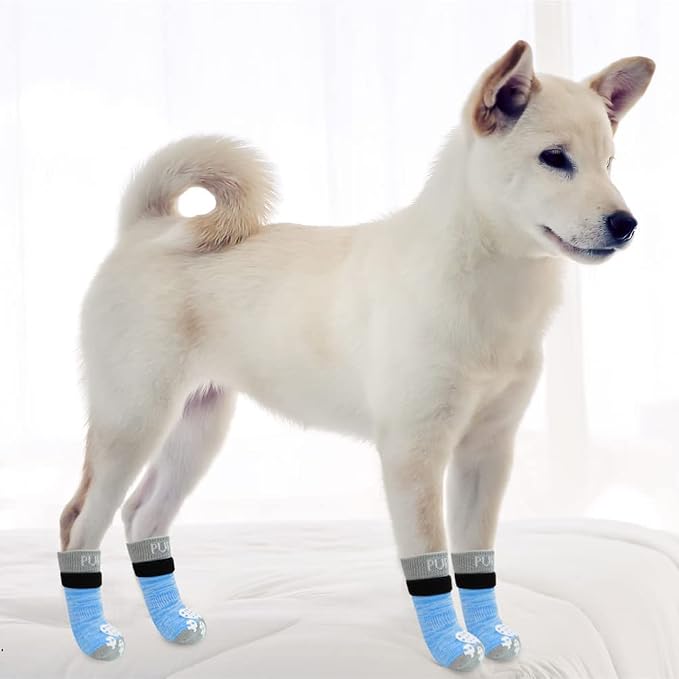 PUPTECK Anti-Slip Dog Socks with Double Sides Grips for Small Medium Large Dogs Hardwood Floors Prevents Licking, Dog Shoes for Hot Pavement Traction Control Paw Protector for Senior Dogs Blue L