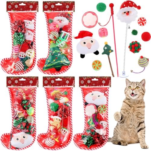Shappy 5 Sets 55 Pcs Christmas Cat Stocking Toys with Cat Sticks Shaped Santa, Xmas Tree, Yarn Balls, Toy Mouse, Xmas Stocking Pet Set, Interactive Pet Gifts by Shappy