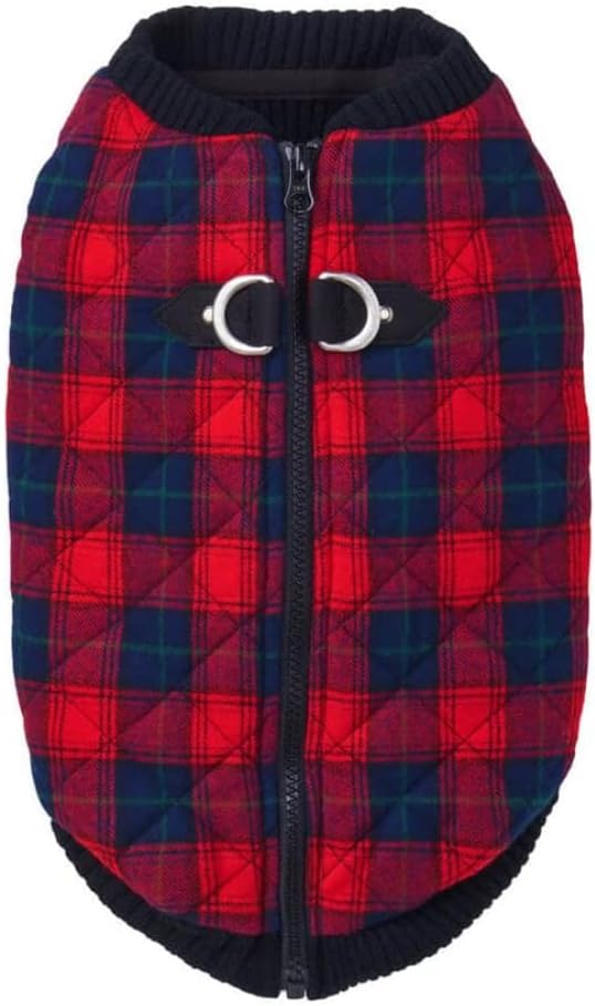 Gooby Fashion Vest Check Dog Jacket - Red Check, Small - Warm Zip Up Bomber Vest with Dual D Ring Leash - Winter Water Resistant Small Dog Sweater