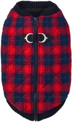 Gooby Fashion Vest Check Dog Jacket - Red Check, Small - Warm Zip Up Bomber Vest with Dual D Ring Leash - Winter Water Resistant Small Dog Sweater