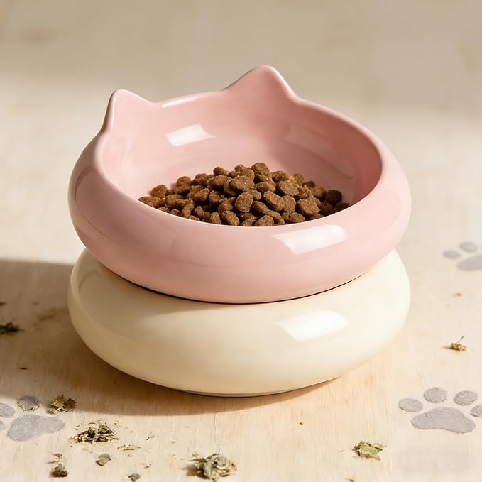 Cat Bowls, Ceramic Cat Bowls Food and Water Bowl Set, Whisker Friendly Cute Kitten Food Bowls for Protecting Pet's Spine, Perfect for Dry & Wet Food, Pink & Beige