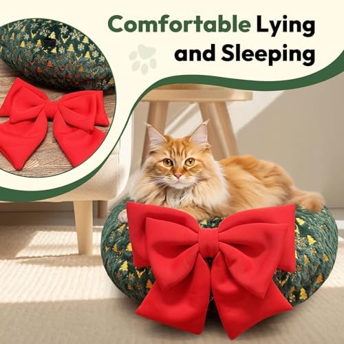 CHUN. F Comfort Green Cat Bed for Christmas Tree – Christmas Themed Cat Tube for Holiday Season –A Big Red Bow - Ultra-Soft Plush Velvet Cute Cat Bed - Image 5