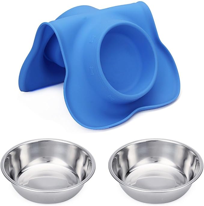 Hubulk Pet Dog Bowls 2 Stainless Steel Dog Bowl with No Spill Non-Skid Silicone Mat + Pet Food Scoop Water and Food Feeder Bowls for Feeding Small Medium Large Dogs Cats Puppies (Extra Large, Blue)