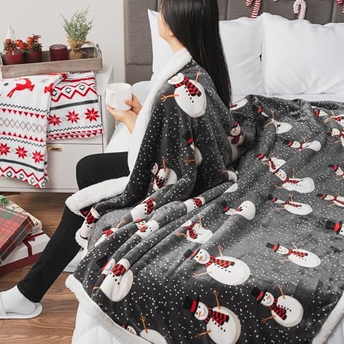 PAVILIA Premium Christmas Sherpa Throw Blanket, 50x60, Grey Snowman Cozy Fleece Holiday Blanket, Reversible Plush Winter Throw for Couch & Bed, Ultra Soft Warm - Image 5