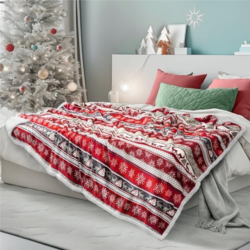 PAVILIA Christmas Sherpa Throw Blanket, Red & White Snowflake, Reindeer, Reversible Fleece & Sherpa Cozy Winter Blanket for Couch & Bed, 50x60, Christmas & Holiday Decor - Image 3