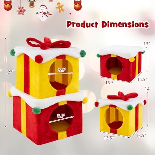 PETSITE Christmas-Themed Gift Box-Shaped Cat House, Stackable 2-Piece Indoor Cat Caves for Kittens, Colorful 2-Story Cat Hideaway Cat Bed for Indoor Cats - Image 5