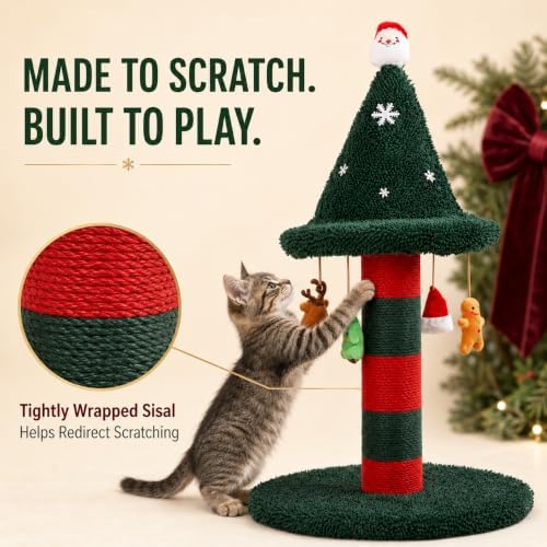 Cat Scratching Post with 4 Hanging Plush Toy - Christmas Tree Alternative Give Your Cat a Toy and Scratching Post in One with This Ultimate Tree 30 * 15 Inch Red Green - Image 3