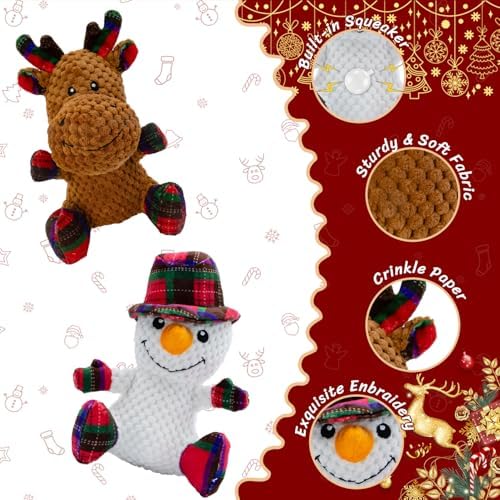 Christmas Dog Toys 2 Pack Snowman Reindeer Plush Squeaky for Small Dogs - Image 4