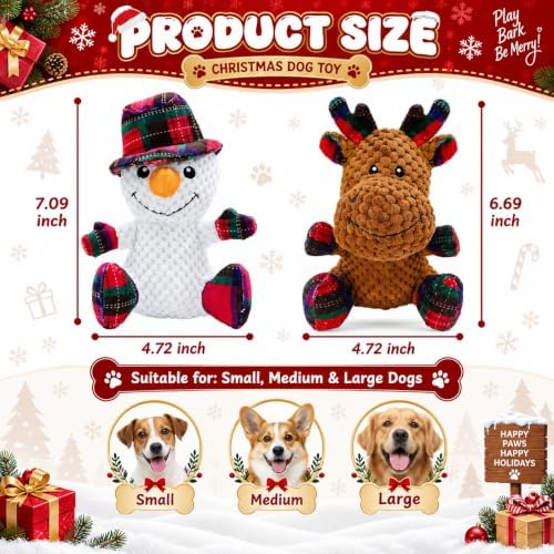 Christmas Dog Toys 2 Pack Snowman Reindeer Plush Squeaky for Small Dogs - Image 2