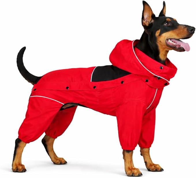 LOVELONGLONG Waterproof Dog Raincoat with Removable Hood – Outdoor Full Body Dog Jacket, Windproof Snowproof Shell Suit – All Season Pet Rain Gear Red 4XL