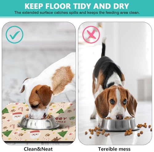 Christmas Dog Food & Water Mat, Paw Prints Santa Claus Snowman Xmas Pet Feeding Mat for Floor Non-Slip Waterproof, Super Absorbent Cat Bowl Mat, Easy to Clean Pet Placemat,12" × 20" - Image 5