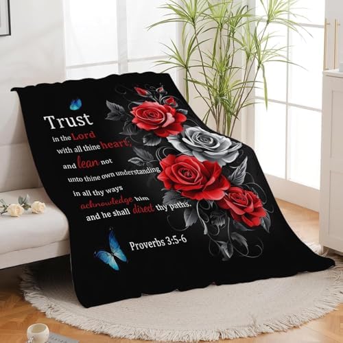 Christian Blanket Bible Verse Throw Blanket Red Rose Inspirational Religious Spiritual Gifts for Girls Boys Kids Adults Women Men Soft Cozy Plush Fluffy Fuzzy Fleece Blanket Decor 60''X80'' by Fuzawet