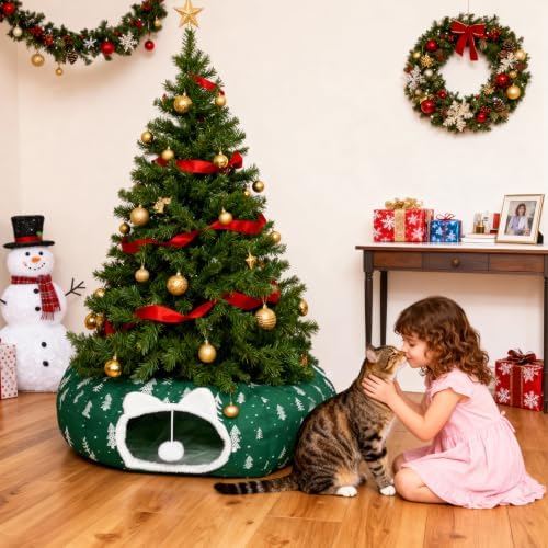 Cat Tunnel Bed Under Christmas Tree, Christmas Tree Skirt for Indoor Cats, Green - Image 2