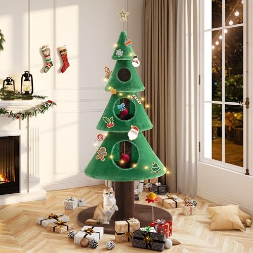 Allewie 63 Inches Cat Tree for Indoor Kitty/Tower with 3 Condos/ 5ft Christmas Tree Party Decoration/Activity Center Play House and Beds/Green - Image 2