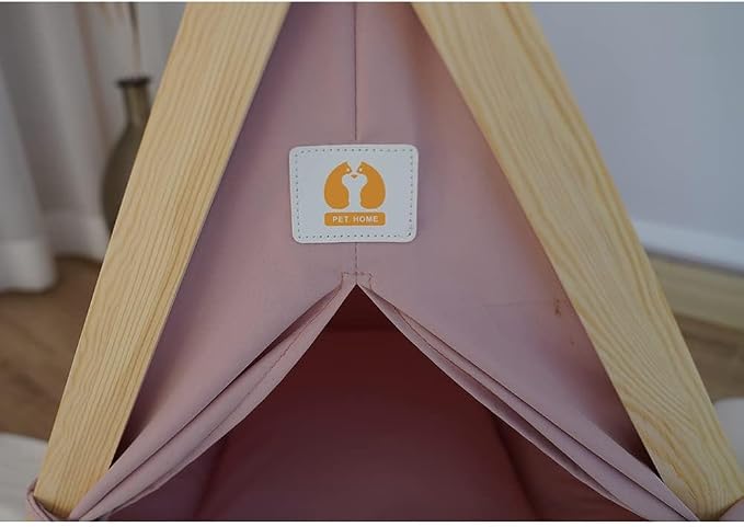 Solid Wood Cat & Dog Indoor Tent with Thick Mat, Teepee Tent & Cave Bed (Pink)