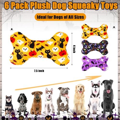 6 Pack Halloween Dog Squeaky Bone Toys Halloween Plush Interactive Dog Pets Birthday Bone Shape Stuffed Chew Toys for Puppy Small Medium Large Squeak Toss Play - Image 2