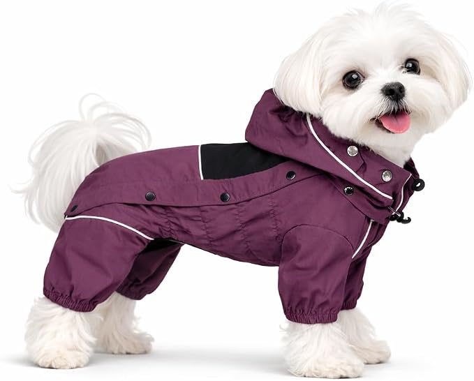 LOVELONGLONG Waterproof Dog Raincoat with Removable Hood – Outdoor Full Body Dog Jacket, Windproof Snowproof Shell Suit – All Season Pet Rain Gear Plum Purple XS