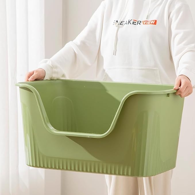 SpaceTime Large Cat Litter Box with High Sides,Cat Boxes for Indoor Cats,Cat Litter Pan for Kitty,Litter Box with Low Entry,Easy to Clean,Anti-Splashing (Green)