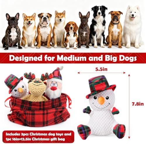 SZEE Dog Christmas Toys for Medium & Big Pets [3 Pack], Premium Dog Gifts, Christmas Doggy Plush Squeaky Chew Toys - Santa, Reindeer, Snowman - Image 5