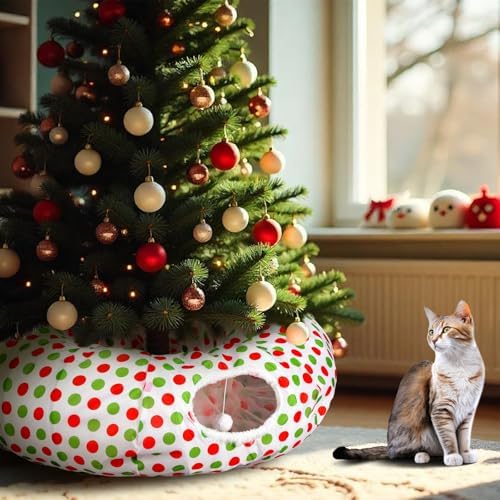 Soulchen Cat Tunnel Christmas Tree Skirt 3ft x 3ft Red and Green Cat Bed - Image 2