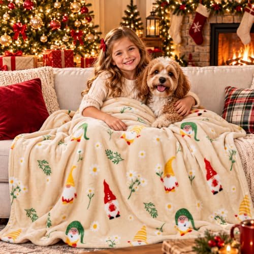 Gnome Spring Fleece Throw Blanket,Yellow Daisy Flannel Blankets,50"x60" - Image 3
